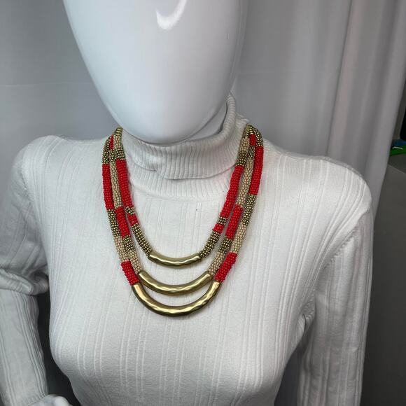 Chico's statement necklace red and gold tone multi strand signed costume jewelry - Picture 9 of 14